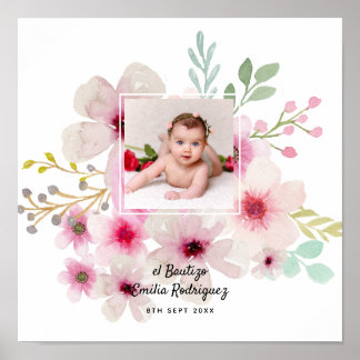 Affiche Pink Floral Rose PHOTO BAUTIZO Baptism Girls Named