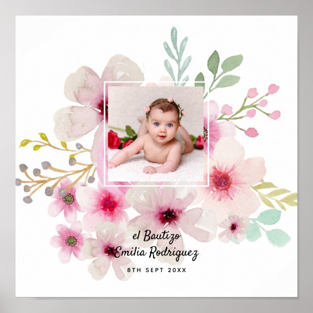 Affiche Pink Floral Rose PHOTO BAUTIZO Baptism Girls Named (Devant)