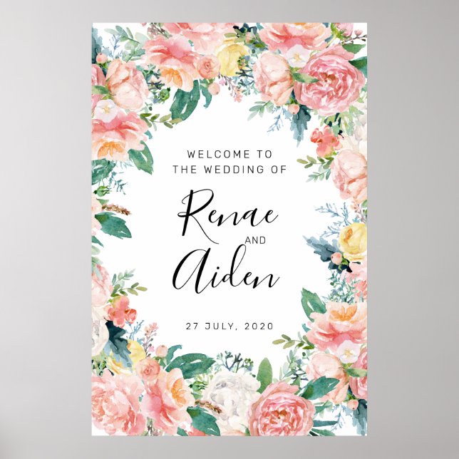 Affiche Pink Floral signe d'accueil Mariage, Floral bienve (Devant)