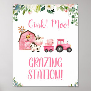 Affiche Pink Floral Tractor Animaux de ferme Signal d'anni