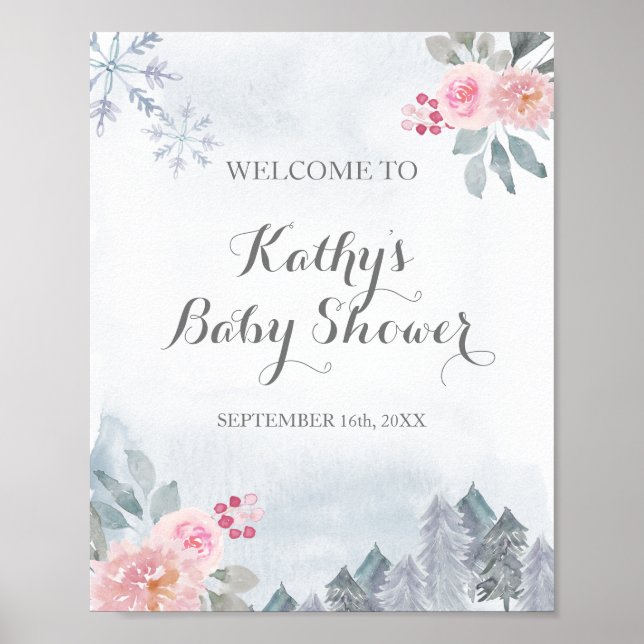 Affiche Pink Floral Winter Snowflakes bienvenue (Devant)