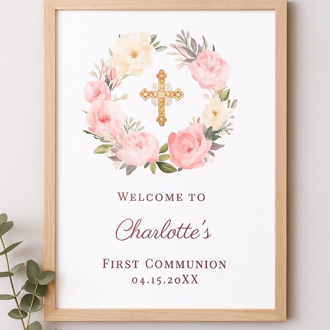 Affiche Pink floral wreath First Communion welcome (Créateur téléchargé)