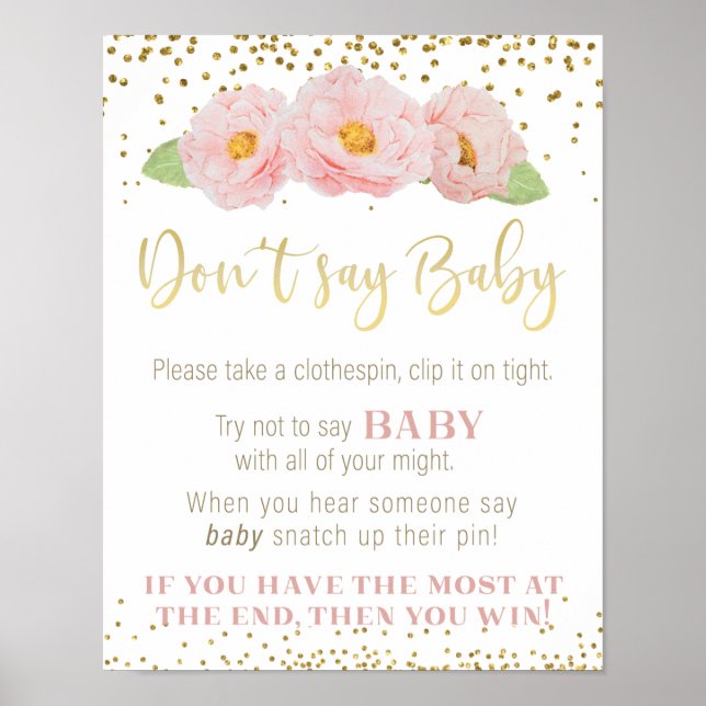 Affiche Pink Flowers Gold Don't Say Baby Shower Game Sign (Devant)
