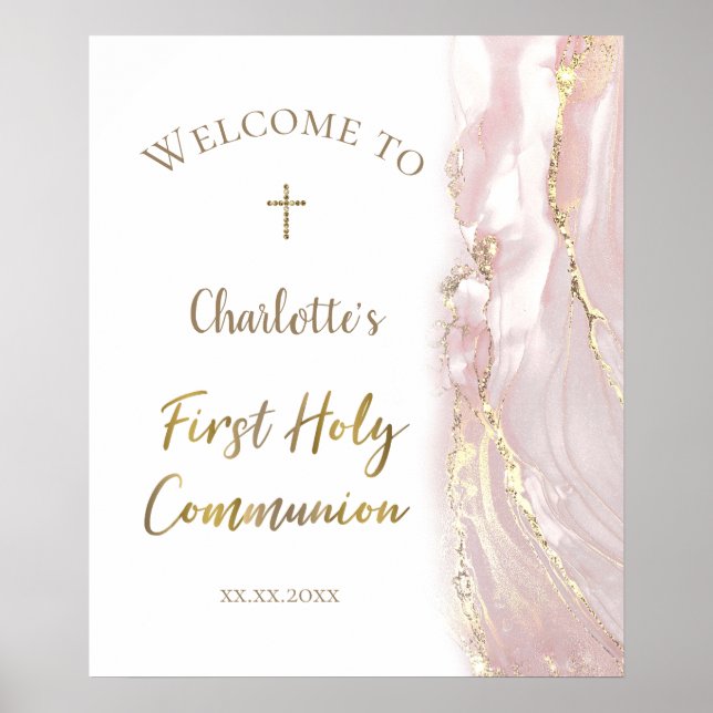 Affiche pink fluid marble | First Communion welcome sign (Devant)