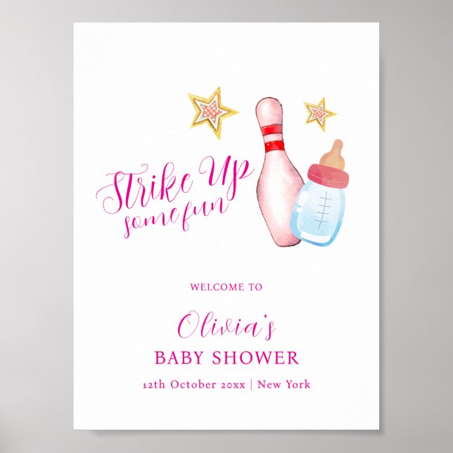 Affiche Pink Fun Strike Up Bowling Baby Shower Welcome (Devant)