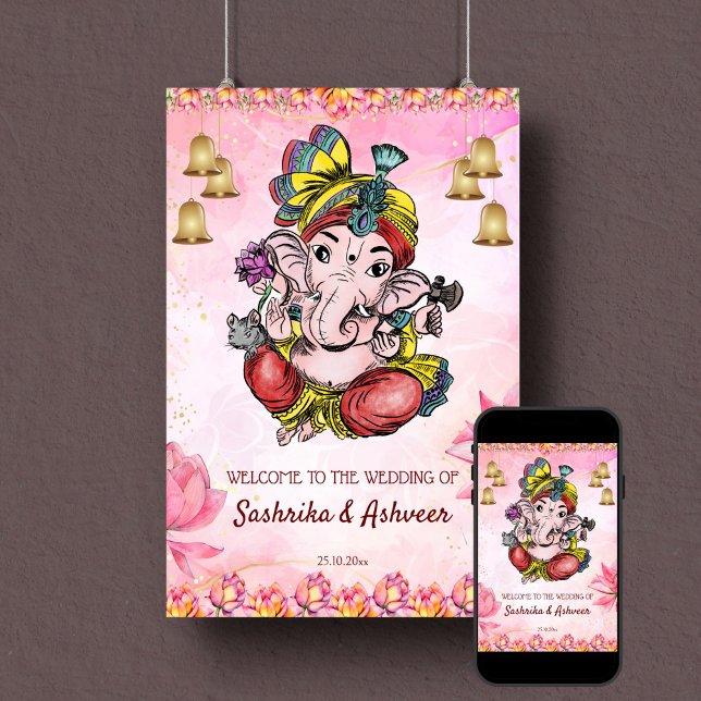 Affiche Pink Ganesha lotus mariage indien signe de bienven (Ganesha pink Indian wedding welcome sign poster template pink lotus flowers gold bells)