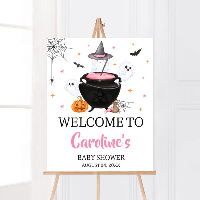 Affiche Pink Ghost Halloween Baby brasse Bienvenue (Baby is Brewing Baby Shower Welcome Sign)