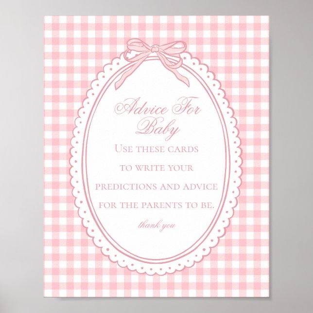 Affiche Pink Gingham Coquette Bow Advice for Baby Shower (Devant)
