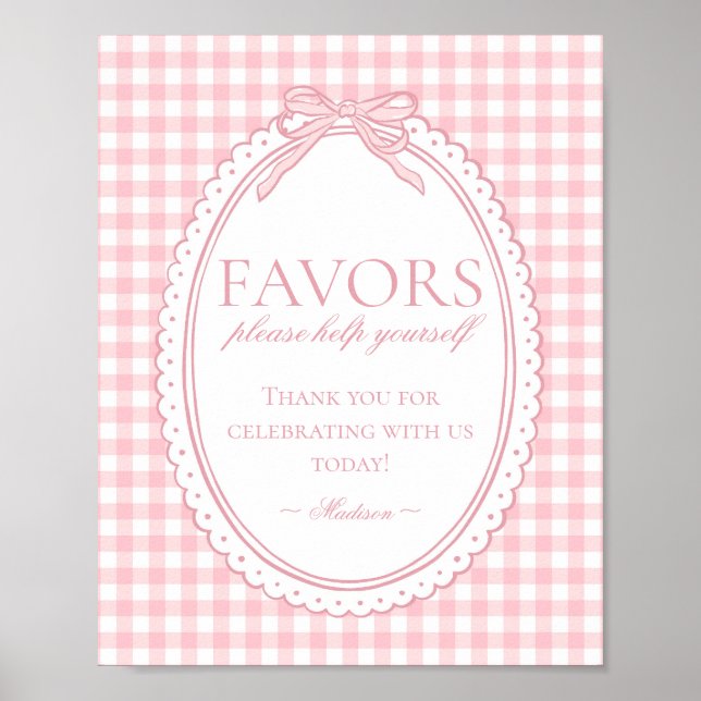 Affiche Pink Gingham Coquette Bow Favors Sign (Devant)