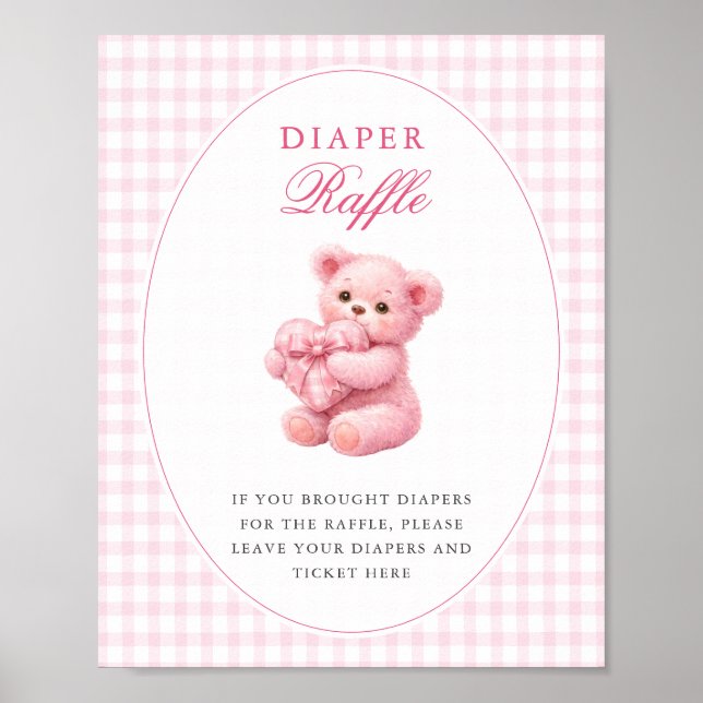 Affiche Pink Gingham Teddy Bear Neutral Baby Shower (Devant)