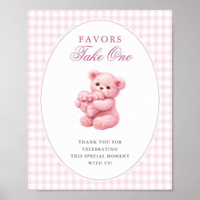 Affiche Pink Gingham Teddy Bear Neutral Baby Shower (Devant)