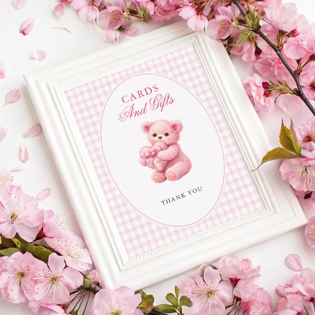 Affiche Pink Gingham Teddy Bear Neutral Baby Shower (Créateur téléchargé)