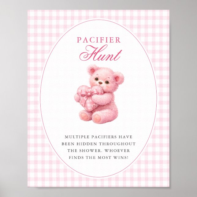 Affiche Pink Gingham Teddy Bear Neutral Baby Shower (Devant)