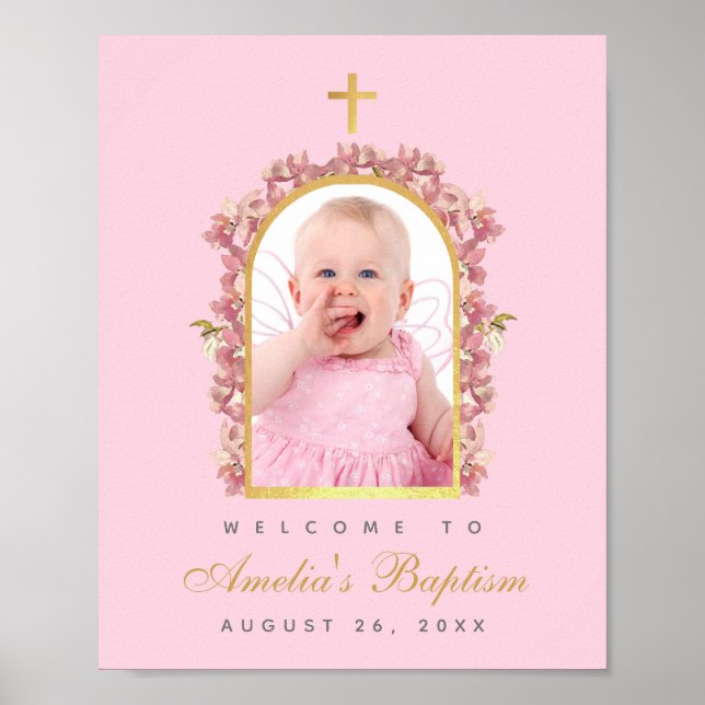 Affiche Pink Girl Baptism Photo Gold Arch Orchids Bienvenu (Devant)