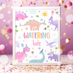 Affiche Pink Girl Dinosaur Watering Trou Anniversaire