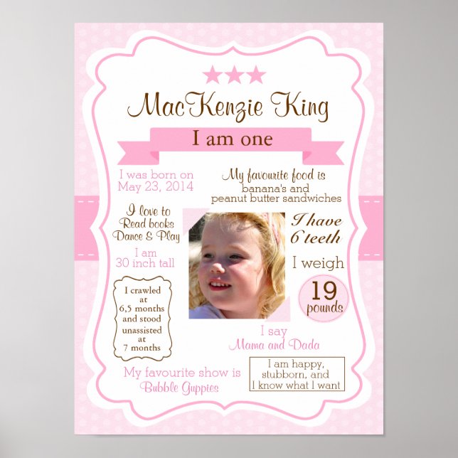 Affiche Pink Girl un an signe pour votre fille d'anniversa (Devant)