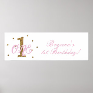 Affiche Pink & Gold Girls ONE 1st Birthday Party Banner