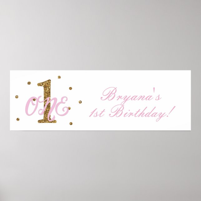 Affiche Pink & Gold Girls ONE 1st Birthday Party Banner (Devant)