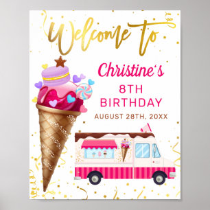 Affiche Pink Gold Ice Cream Truck Birthday Party Welcome