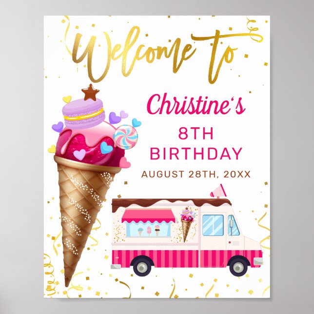 Affiche Pink Gold Ice Cream Truck Birthday Party Welcome (Devant)