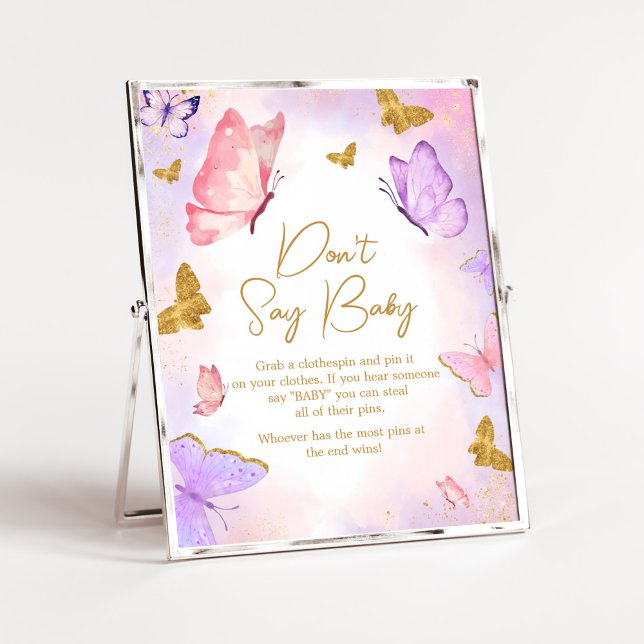 Affiche Pink Gold Purple Butterfly Ne pas dire bébé (Boho Butterfly Baby Shower Don't Say Baby Sign)