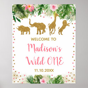 Affiche Pink & Gold Safari Wild One First Birthday Bienven