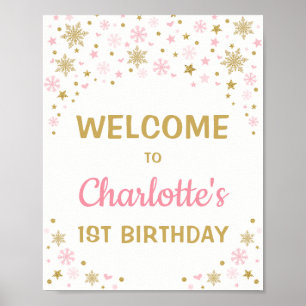 Affiche Pink Gold Snowflake Hiver 1er anniversaire Bienven