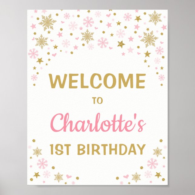 Affiche Pink Gold Snowflake Hiver 1er anniversaire Bienven (Devant)
