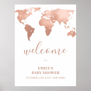 Affiche Pink Gold World Map Baby shower d'aventure Bienven