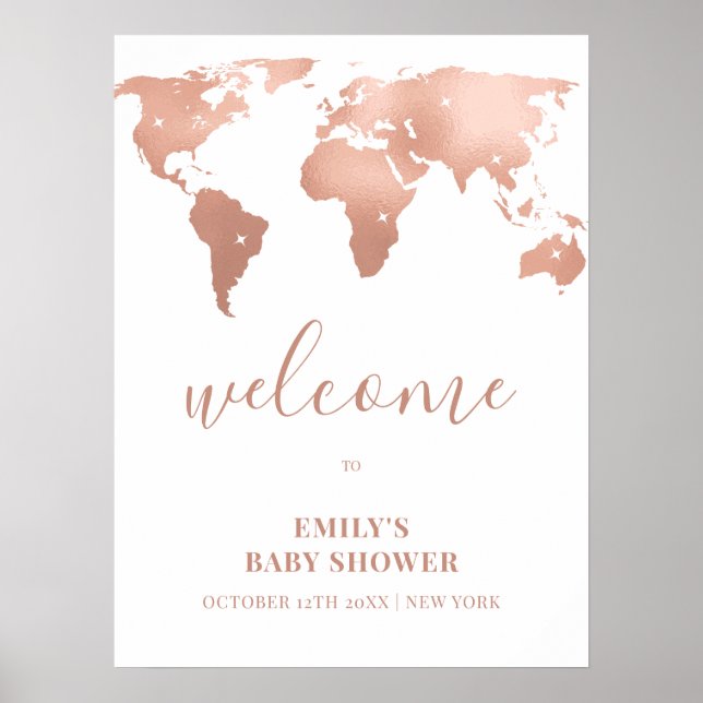 Affiche Pink Gold World Map Baby shower d'aventure Bienven (Devant)