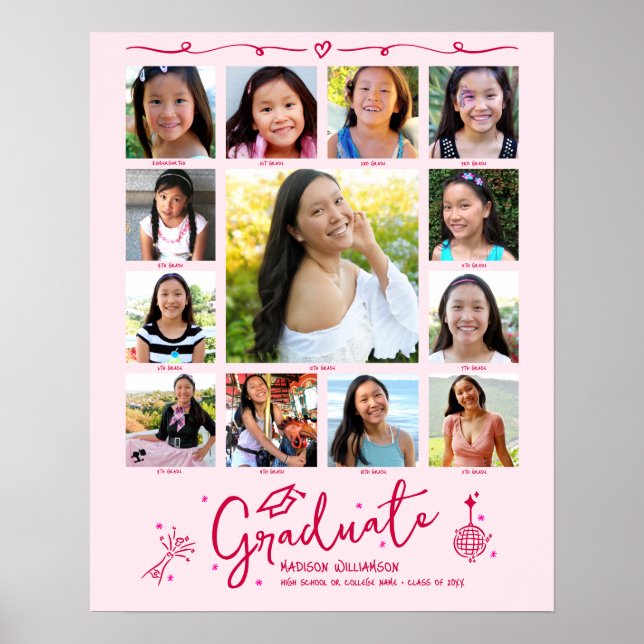 Affiche Pink Graduation K–12 Photo Collage Red Doodles Fun (Devant)