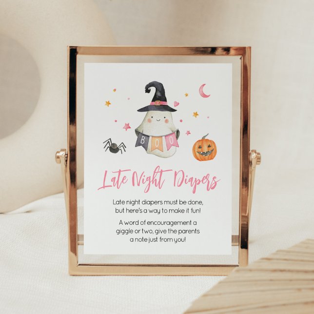 Affiche Pink Halloween Ghost Little Boo Diapositives noctu (Little Boo Baby Shower Late Night Diapers Sign)