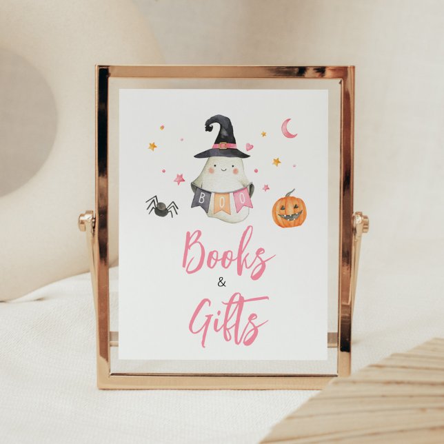 Affiche Pink Halloween Ghost Little Livres et Cadeaux (Little Boo Baby Shower Books and Gifts Sign)