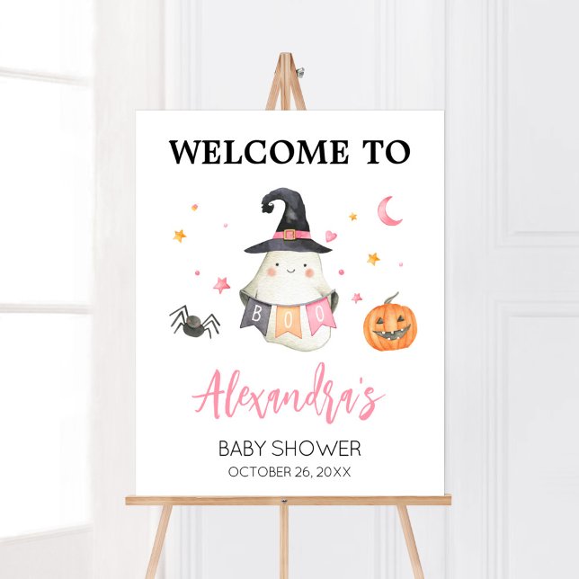 Affiche Pink Halloween Ghost Petit Boite Bienvenue (Little Boo Baby Shower Welcome Sign)