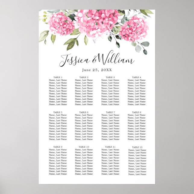 Affiche Pink Hydrangea Floral 12 Tables CADRE (Devant)