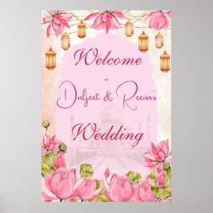 Affiche Pink lotus mariage indien signe de bienvenue
