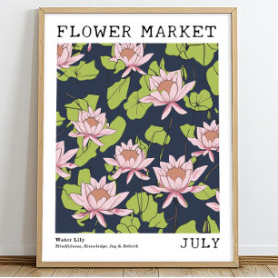 Affiche Pink Lotus Water Lily Juillet Marché aux fleurs de