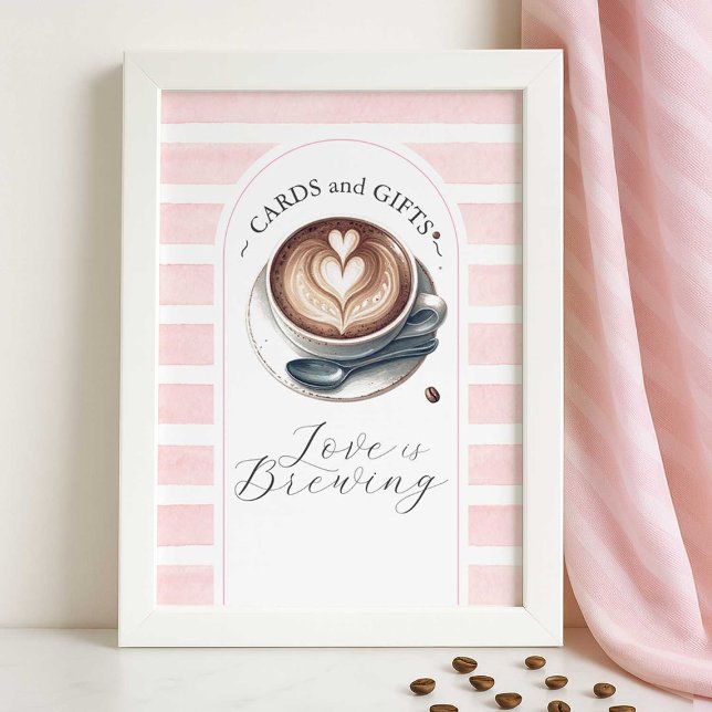 Affiche Pink Love brasse des cartes de Fête des mariées et (pink love is brewing bridal shower decorative signs for cards and gifts, small business DoTellABelle)
