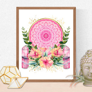Affiche Pink Mandala Crystal Flowers Yoga Reiki Spa Boho