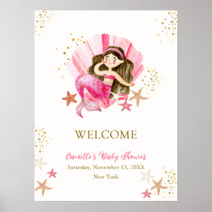 Affiche Pink Mermaid Ocean Starfish Baby shower Bienvenue