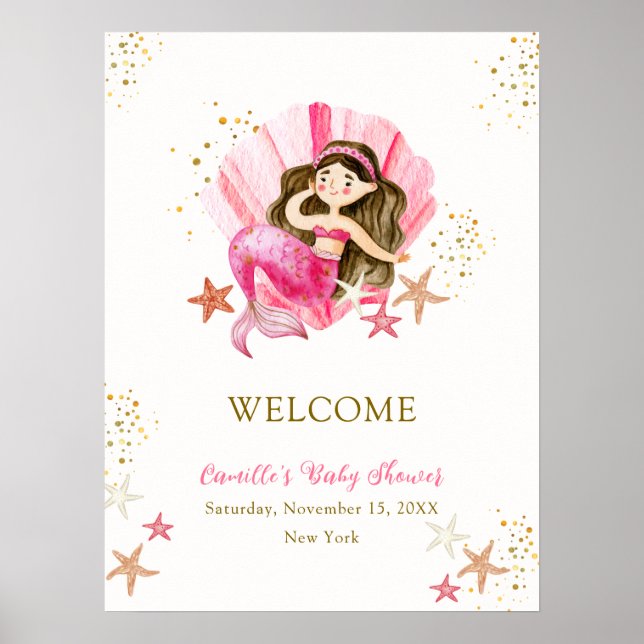 Affiche Pink Mermaid Ocean Starfish Baby shower Bienvenue (Devant)