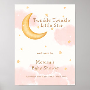 Affiche Pink Moon Stars Twinkle Girl Baby shower Bienvenue