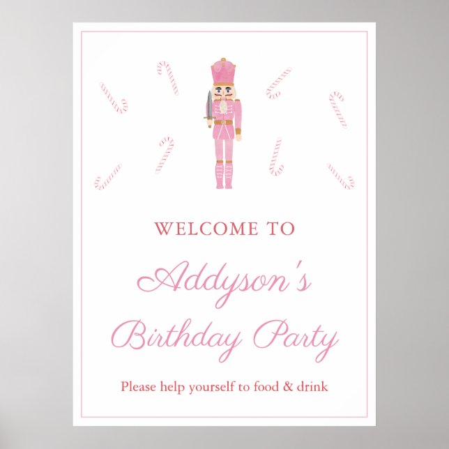 Affiche Pink Nutcracker Candy Canes Birthday Party Welcome (Devant)