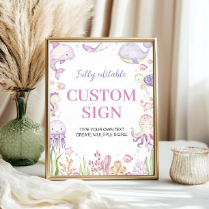 Affiche Pink Ocean Animals Girl Party Panneau de table per