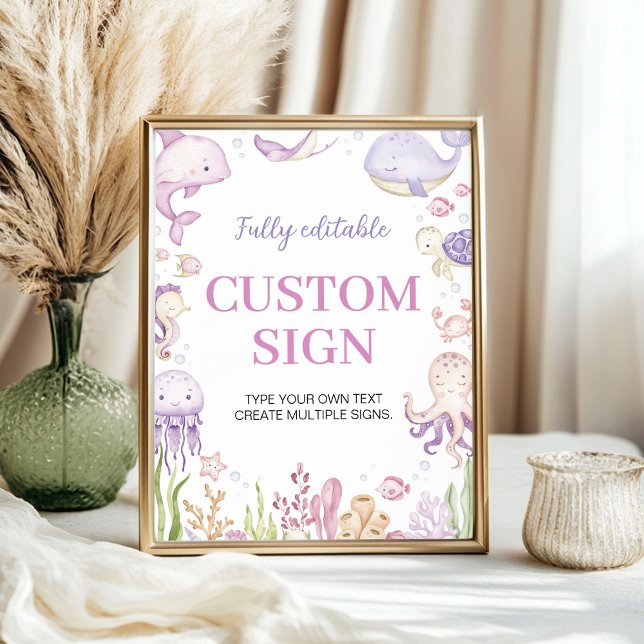 Affiche Pink Ocean Animals Girl Party Panneau de table per (Créateur téléchargé)