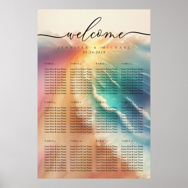 Affiche Pink Ocean Beach Mariage de fête d'été Table (Devant)