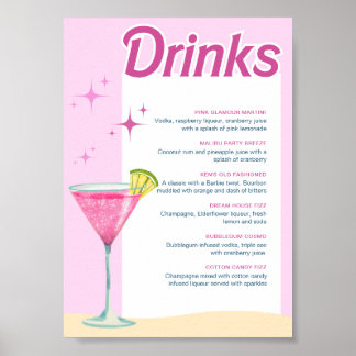 Affiche Pink Party Bachelorette Cocktail Menu