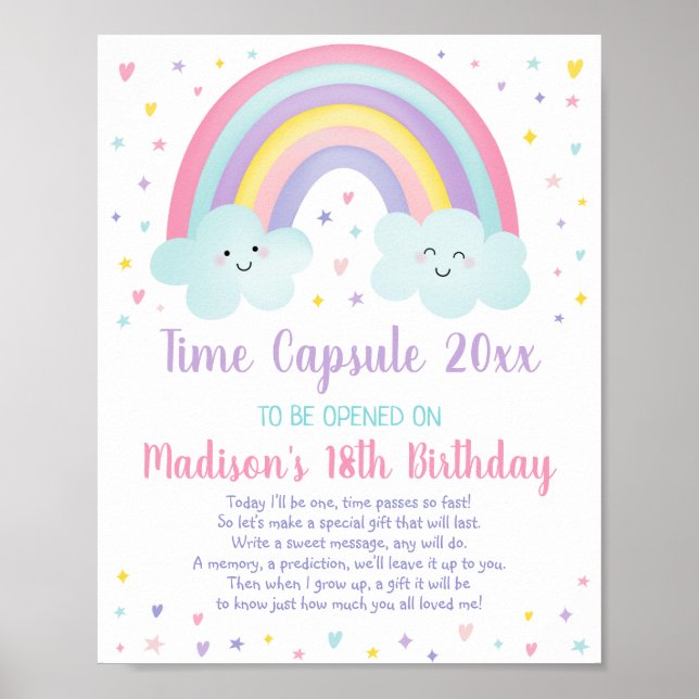 Affiche Pink Pastel Arc-en-ciel premier anniversaire heure (Devant)