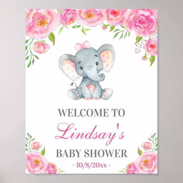 Affiche Pink Peony Elephant Girl Baby Shower Welcome Sign (Devant)