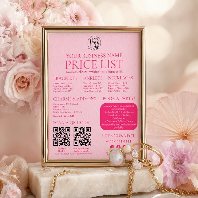 Affiche Pink Permanent Jewelry Price List QR code Menu (Pink Permanent Jewelry Price List QR code Menu Poster)